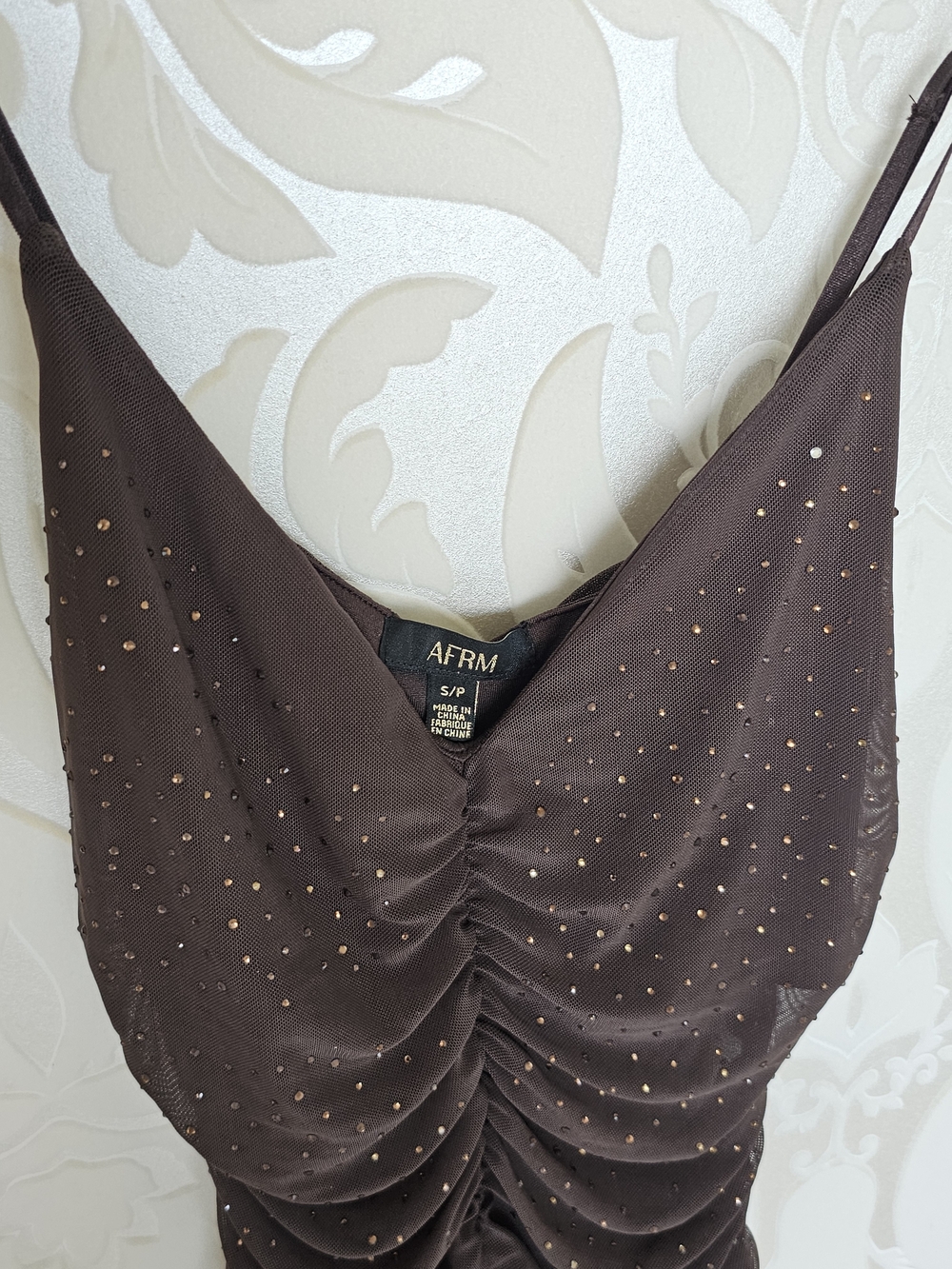 AFRM Dark Brown Ruched Slip Dress with Metallic Dots, Size S